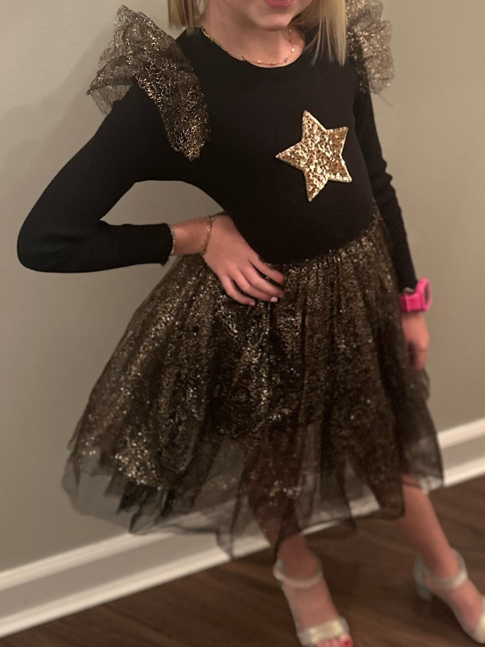 Sparkling Gold Star Black Kids Dance Costume